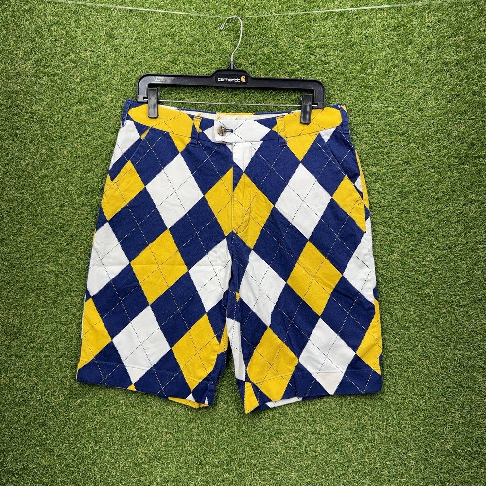 LOUDMOUTH Golf Shorts Mens 32 Blue Yellow White Argyle Plaid y2k AOP Casual